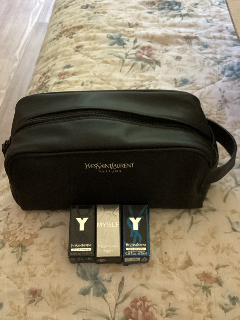 Yves Saint Laurent Black Leather Toiletry Pouch with YSL Parfums Logo w/ 3 bonus